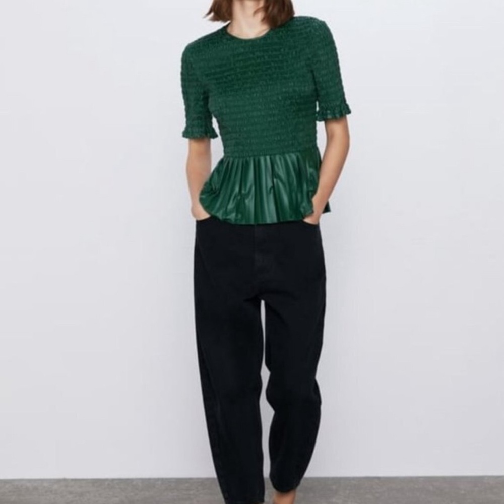 Zara Green Smocked Peplum Top